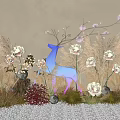 Vibrant Flowers And Dried Grass With Blue Deer Decoration Against Gray Wall On Pebble Ground