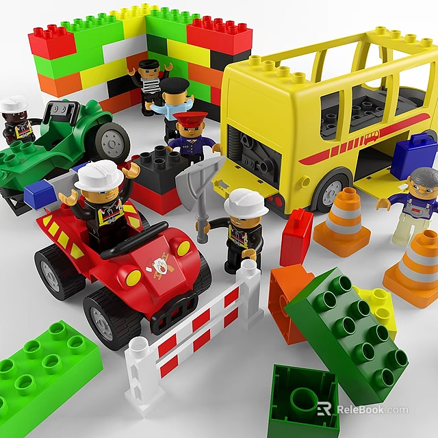 Colorful Building Blocks with Toy School Bus Car Bulldozer Figures and Traffic Cones Barriers 3d model 
