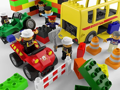Colorful Building Blocks with Toy School Bus Car Bulldozer Figures and Traffic Cones Barriers 3d model