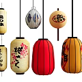 Traditional Japanese Hanging Lanterns With Red Yellow Beige Colors And Cherry Blossom Patterns