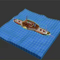 Scale Model Wooden Boat With White Hull Brown Deck On Blue Water Surface
