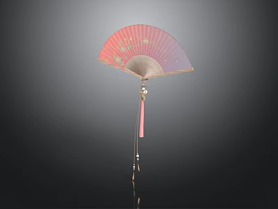 Traditional Pink Folding Fan With Golden Ribs And Floral Patterns And Pink Tassel 3d model