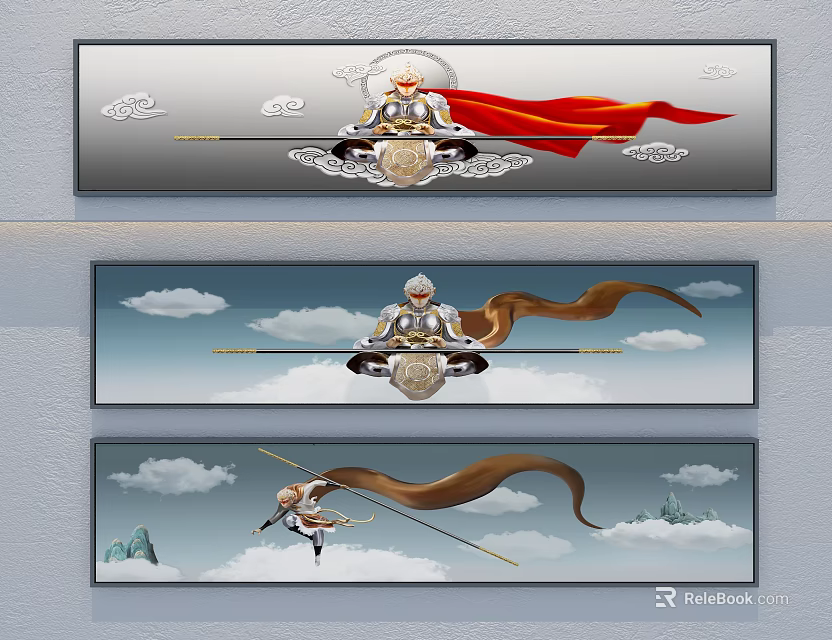 Chinese Mythological Character Painting With Flying Figure Long Staff And Cloudy Mountain Background 3d model 