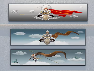 Chinese Mythological Character Painting With Flying Figure Long Staff And Cloudy Mountain Background 3d model