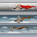 Chinese Mythological Character Painting With Flying Figure Long Staff And Cloudy Mountain Background