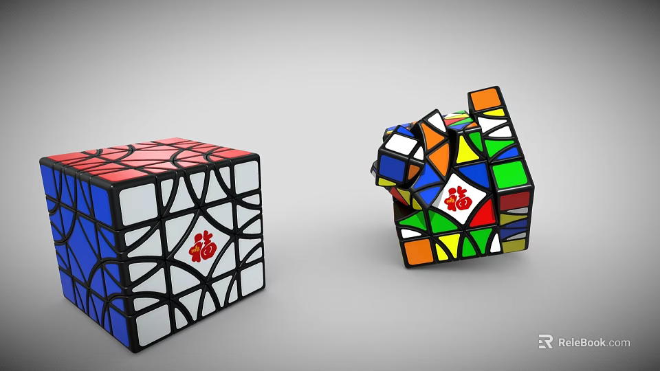 Colorful Rubik's Cubes With Chinese Fu Symbol Solved And Scrambled Patterns 3d model 