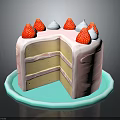 Layered Strawberry Cake with Fresh Strawberries and Cream on Blue Plate with Sliced Piece