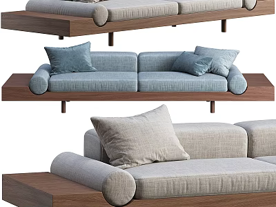 Modern Double Sofa With Light Blue Linen Upholstery Light Gray Cushions Wooden Base And Pillows 3d model