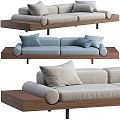 Modern Double Sofa With Light Blue Linen Upholstery Light Gray Cushions Wooden Base And Pillows
