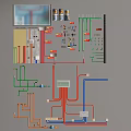 Color Coded Pipe System Layout Design With Control Panel And Wiring Components 3d model