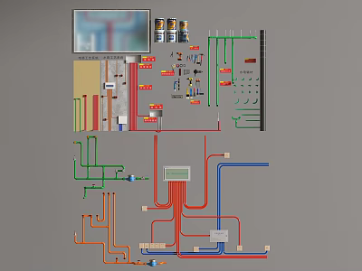 Color Coded Pipe System Layout Design With Control Panel And Wiring Components 3d model