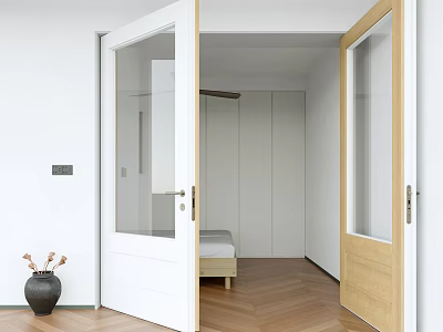 Minimalist Double Doors With Glass Panels In Modern Interior And Herringbone Wooden Floor 3d model