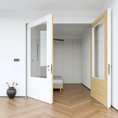 Minimalist Double Doors With Glass Panels In Modern Interior And Herringbone Wooden Floor 3d model