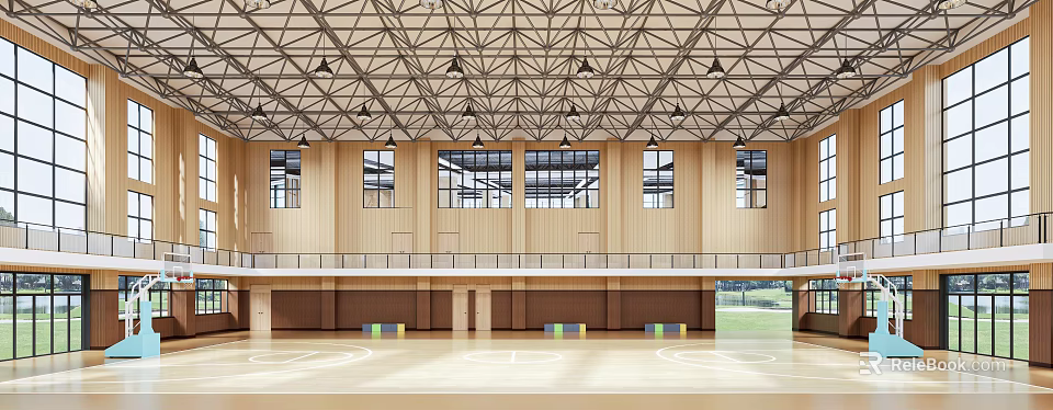 Spacious Indoor Sports Gymnasium With Wooden Flooring And Large Windows 3d model 
