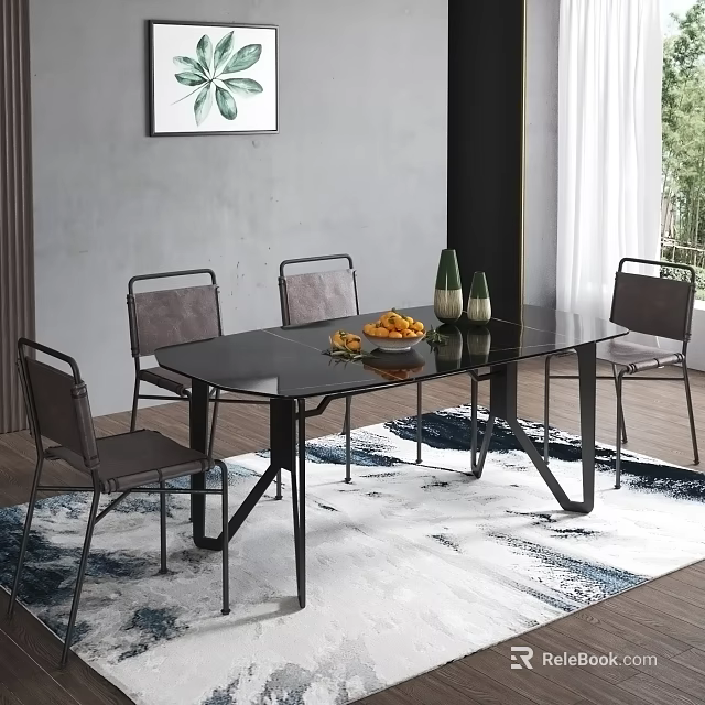 Modern Glass Top Dining Table Set With Gray Chairs Black Legs And Area Rug 3d model 