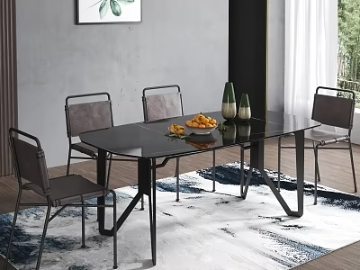Modern Glass Top Dining Table Set With Gray Chairs Black Legs And Area Rug 3d model