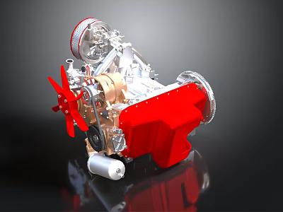 Detailed Red And Silver Engine 3D Model With Fan Pipes And Mechanical Components 3d model