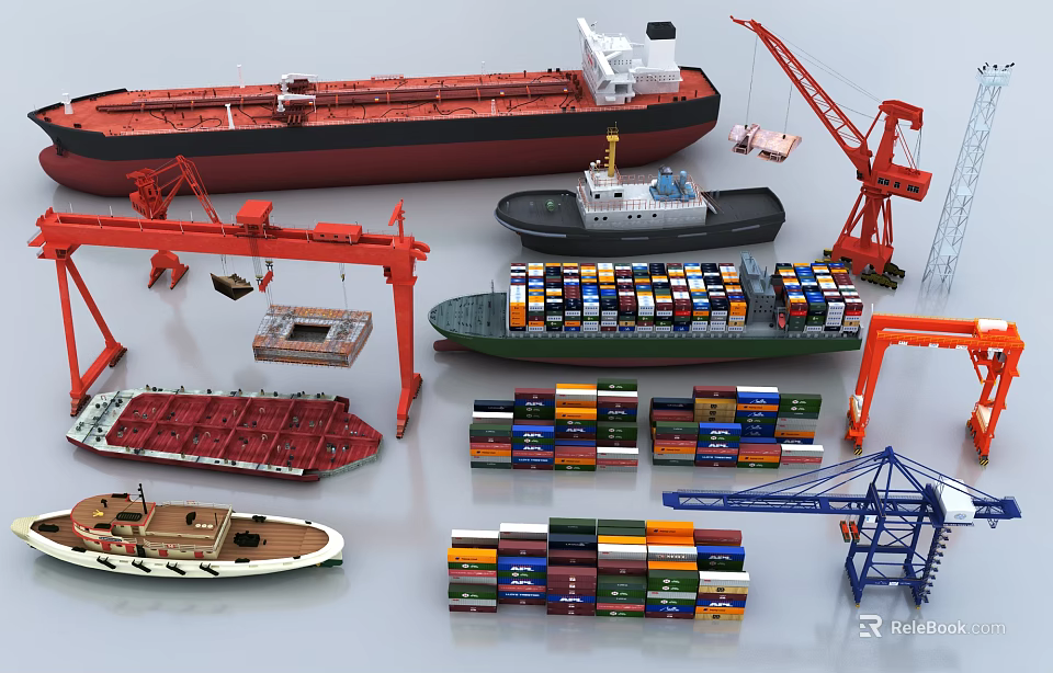 Various Ship Models Including Oil Tanker Container Vessel With Cranes And Containers 3d model 