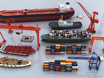 Various Ship Models Including Oil Tanker Container Vessel With Cranes And Containers 3d model