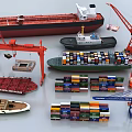 Various Ship Models Including Oil Tanker Container Vessel With Cranes And Containers