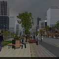 Modern Commercial Street With Tall Buildings Pedestrians Benches Trees And Vehicles