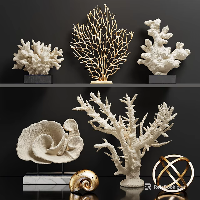 White Gold Coral And Shell Decorative Ornament Set For Home Decoration 3d model 