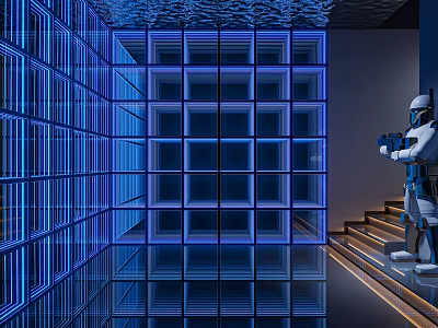 Futuristic KTV Lounge With Blue Grid Lighting Robot And Glass Staircase 3d model