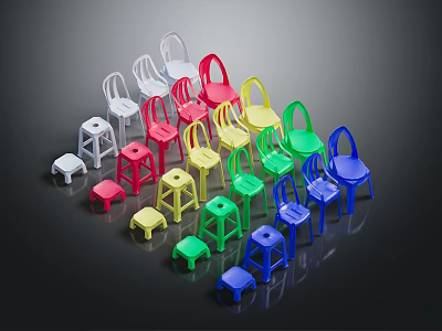 Small Colorful Plastic Chairs Arranged In White Red Yellow Green And Blue 3d model