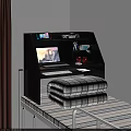 Cozy Bed Desk With Laptop Red Headphones Desk Lamp Game Controller And Toy Car
