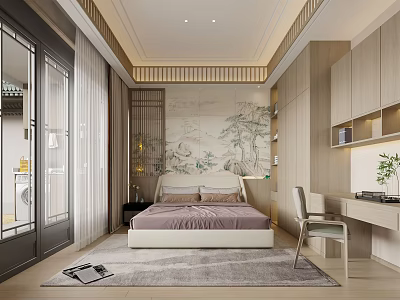 Modern Bedroom Interior Design With Landscape Painting Backdrop Wardrobe Desk Chair And Rug 3d model