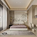 Modern Bedroom Interior Design With Landscape Painting Backdrop Wardrobe Desk Chair And Rug