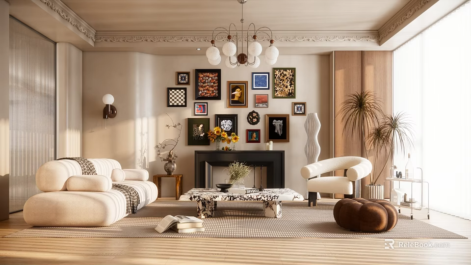 Elegant Living Room With Beige Sofa Fireplace Wall Art Chandelier Armchair And Plants 3d model 