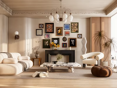Elegant Living Room With Beige Sofa Fireplace Wall Art Chandelier Armchair And Plants 3d model