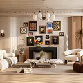 Elegant Living Room With Beige Sofa Fireplace Wall Art Chandelier Armchair And Plants
