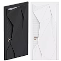 Black And White Swing Doors With Geometric Design And Golden Handles