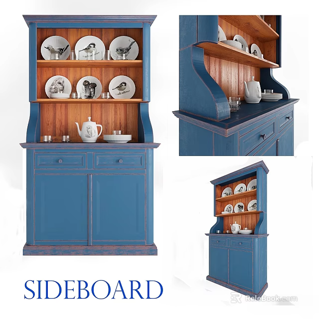 Comfortable Two Seater Sofa With Blue Display Cabinet And Ceramic Plates 3d model 