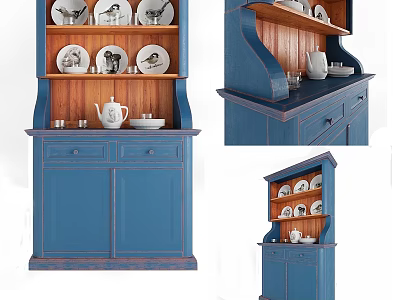 Comfortable Two Seater Sofa With Blue Display Cabinet And Ceramic Plates 3d model
