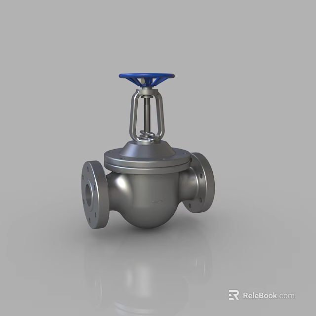 Silver Metal Industrial Valve With Blue Top Handle And Flange Connections 3d model 