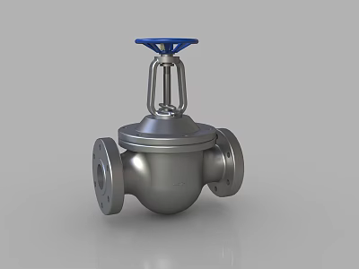 Silver Metal Industrial Valve With Blue Top Handle And Flange Connections 3d model