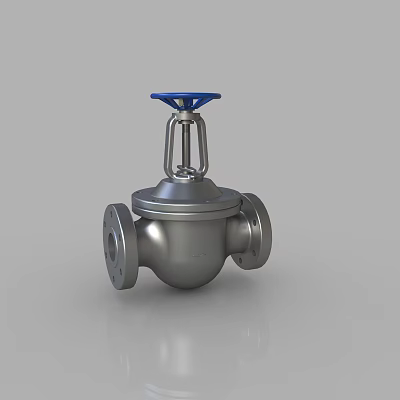Silver Metal Industrial Valve With Blue Top Handle And Flange Connections 3d model