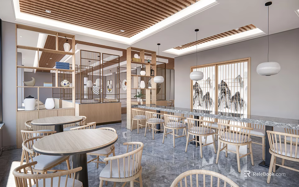 Traditional Chinese Restaurant Interior With Wooden Ceiling Round Tables Light Chairs And Landscape Paintings 3d model 