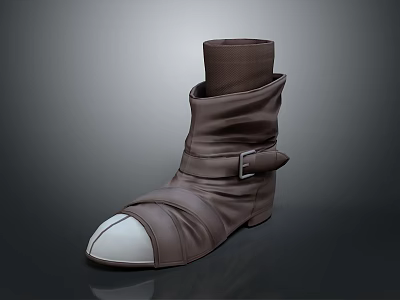 Stylish Brown Leather Boots With Strap Buckle And White Toe Cap For Everyday Wear 3d model