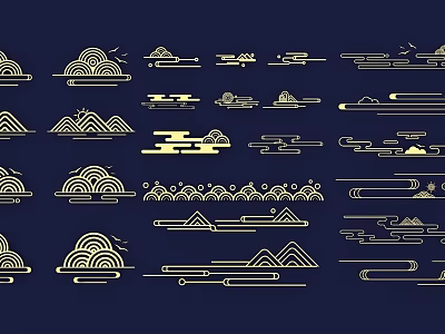Traditional Chinese Wall Decor With Gold Cloud Mountain Patterns On Dark Blue Background 3d model