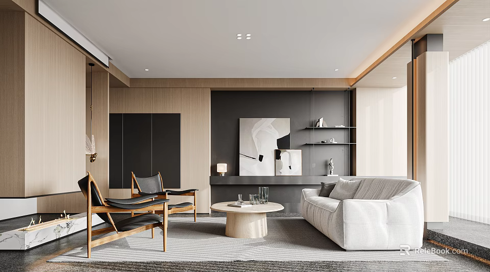 Modern Living Room Interior Design With Light Colored Sofa Wooden Chairs And Round Coffee Table 3d model 