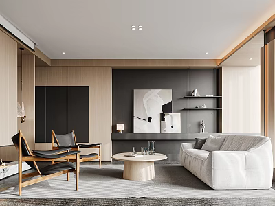 Modern Living Room Interior Design With Light Colored Sofa Wooden Chairs And Round Coffee Table 3d model