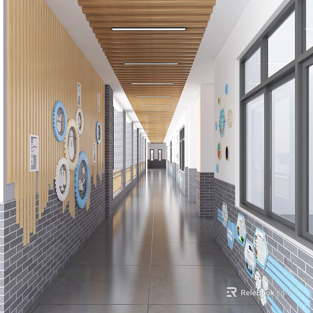 Bright Elevator Hallway With Wooden Ceiling Large Windows Brick Walls And Decorative Elements 3d model