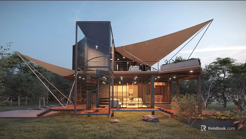 Modern Boutique Villa Architecture With Metal Glass Structure Canopy Roof Outdoor Stairs And Grassland Trees 3d model 