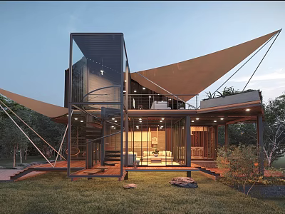 Modern Boutique Villa Architecture With Metal Glass Structure Canopy Roof Outdoor Stairs And Grassland Trees 3d model