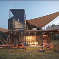Modern Boutique Villa Architecture With Metal Glass Structure Canopy Roof Outdoor Stairs And Grassland Trees