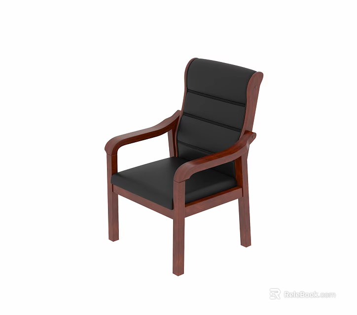 Single Chair Featuring Black Leather Upholstery Dark Brown Wooden Armrests And Legs 3d model 